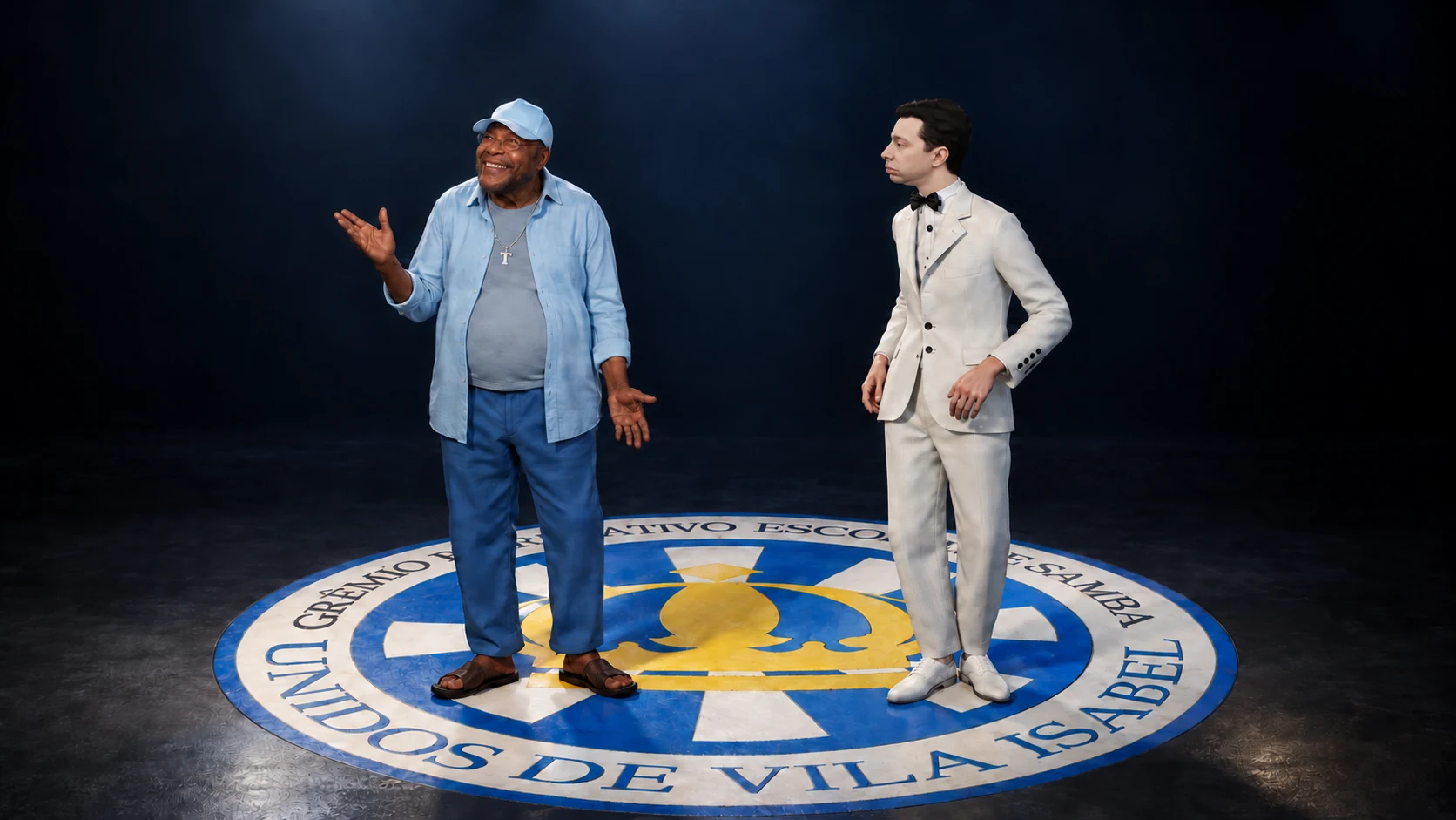 Personagens digitais de Martinho da Vila e Noel Rosa sobre o emblema da Unidos de Vila Isabel.