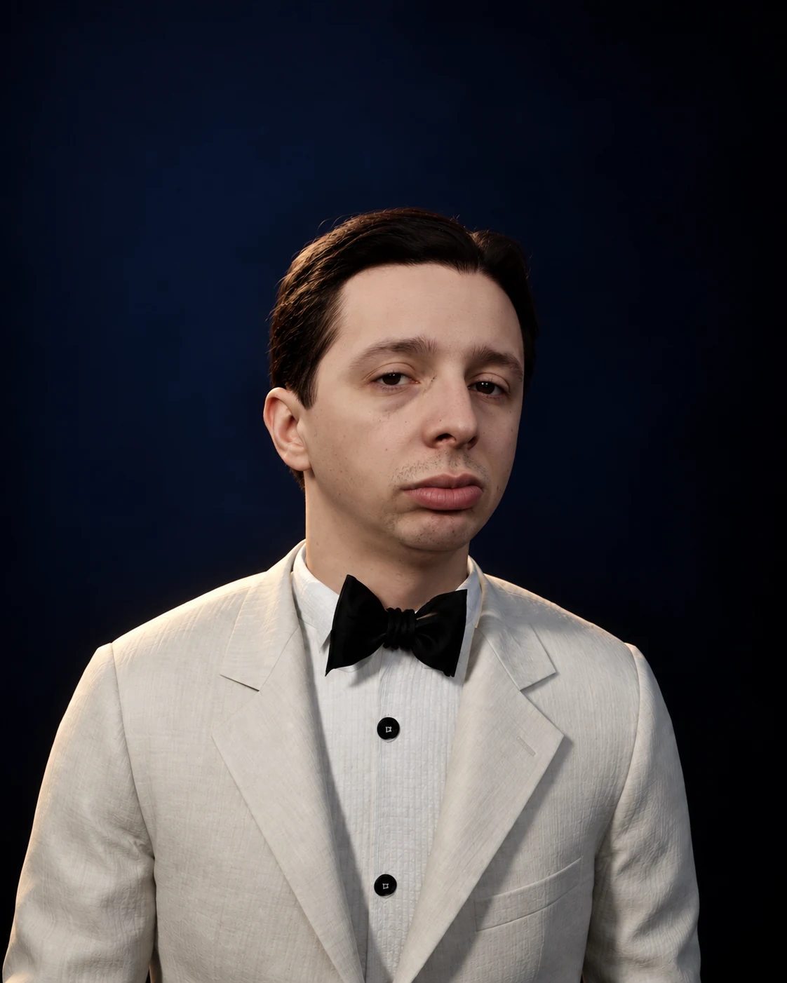 Retrato de apresentação do personagem digital de Noel, com as feições refinadas.