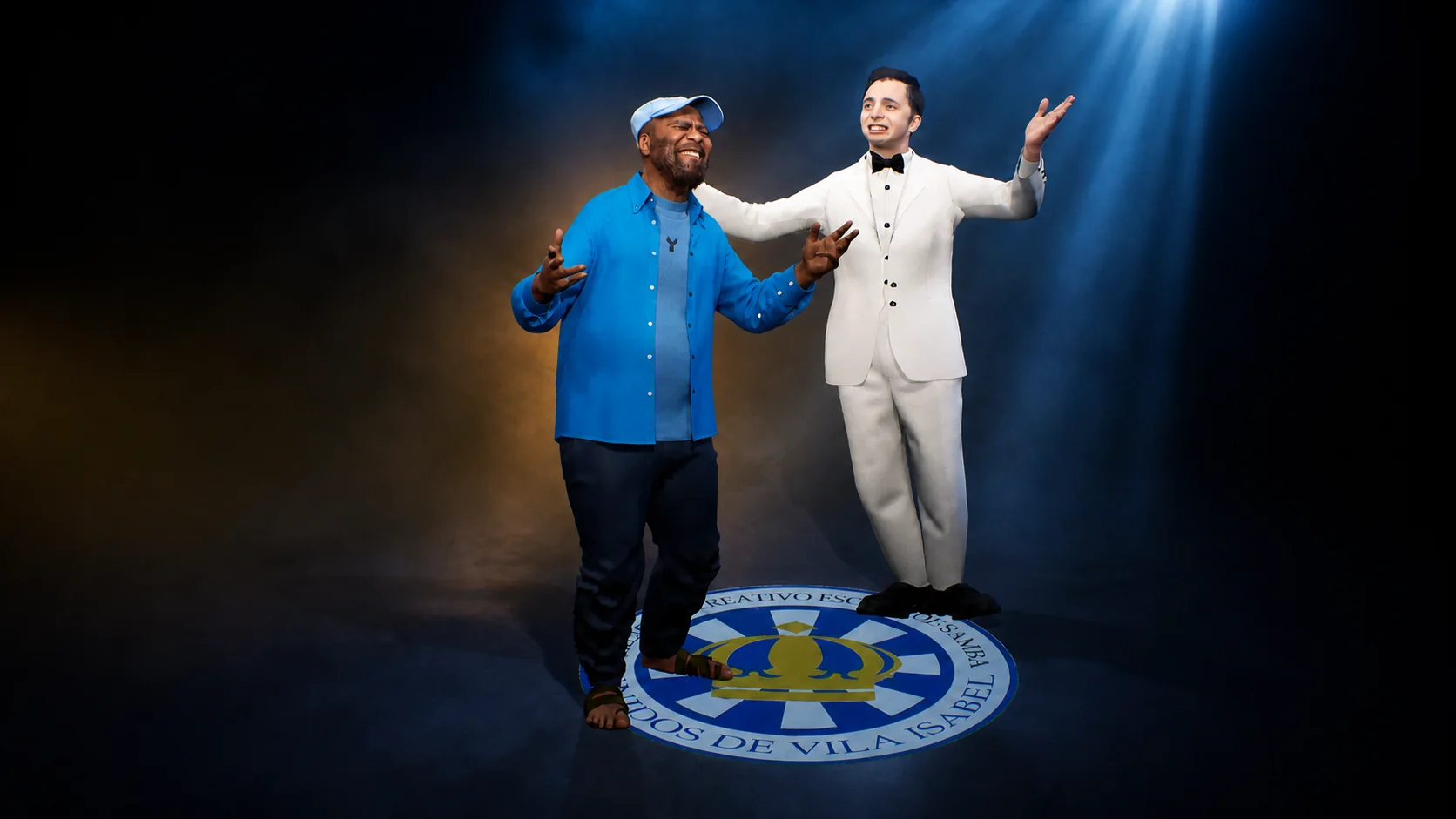 Martinho da Vila e Noel Rosa cantam juntos sobre o emblema da Unidos de Vila Isabel.