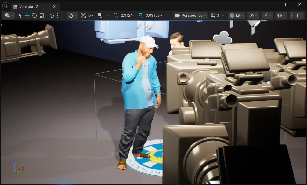 Martinho e Noel em uma cena de desenvolvimento no Unreal, cercados por câmeras digitais.