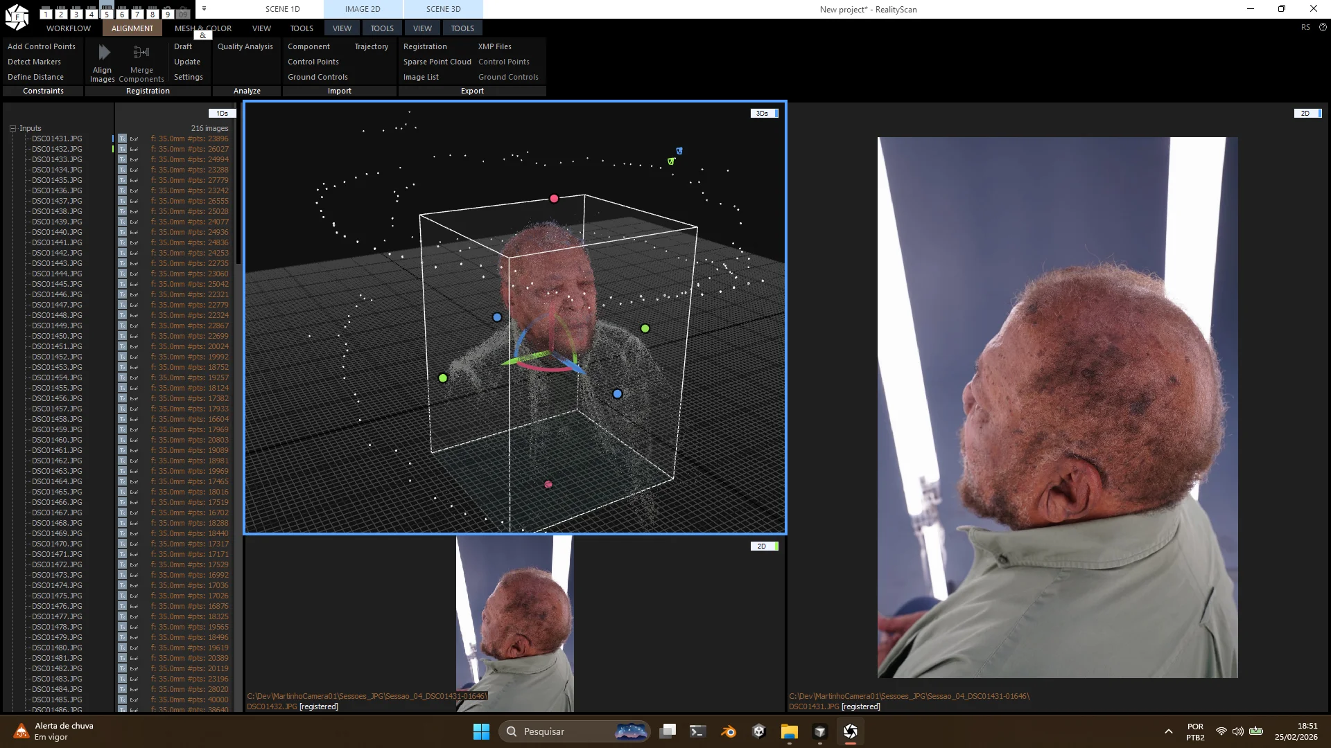 Fotografias de Martinho e nuvem de pontos de sua cabeça no programa de reconstrução 3D.