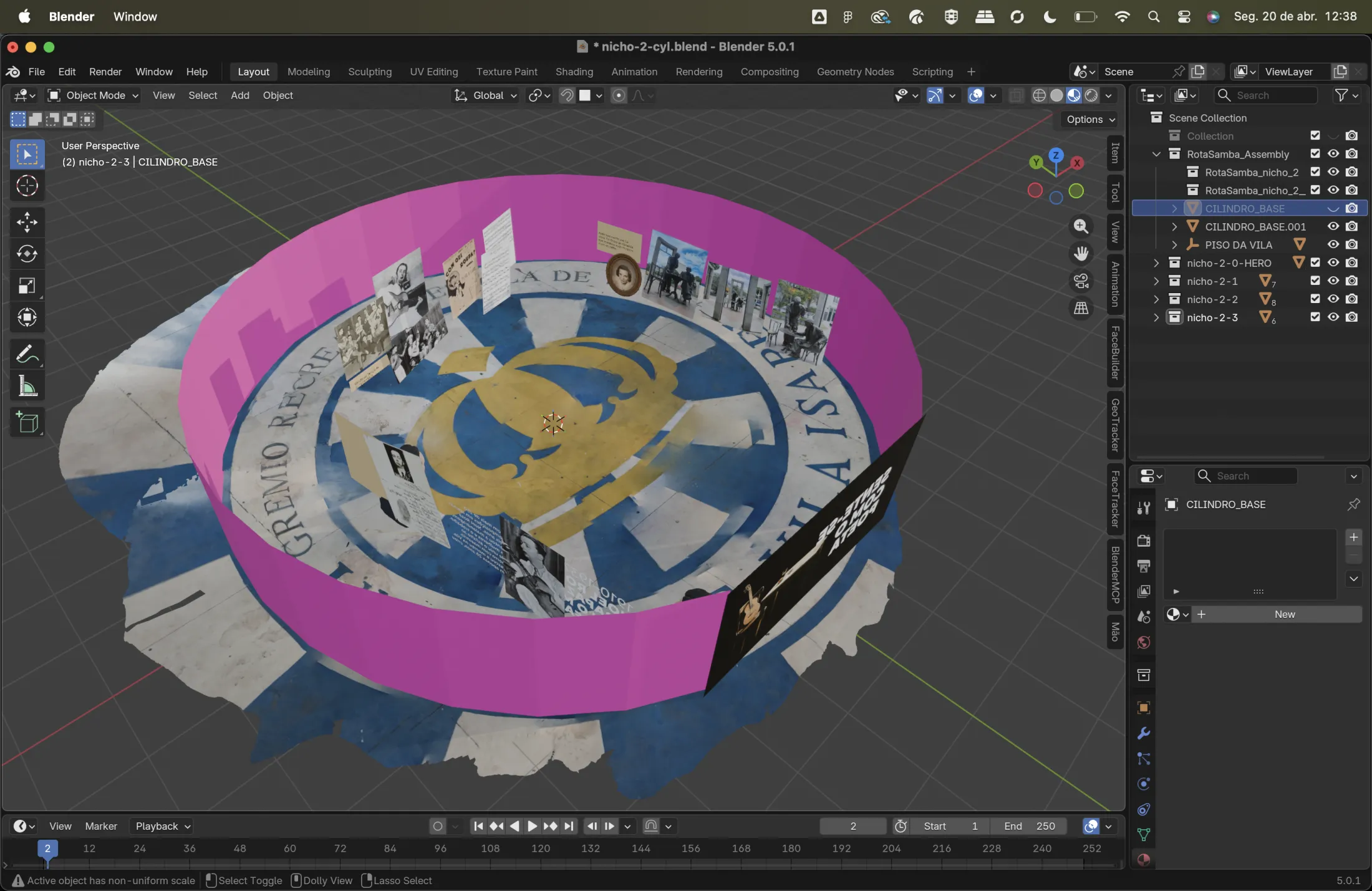 Montagem circular do nicho Sente-se com o Poeta no Blender, com imagens de Noel sobre o piso da Unidos de Vila Isabel.