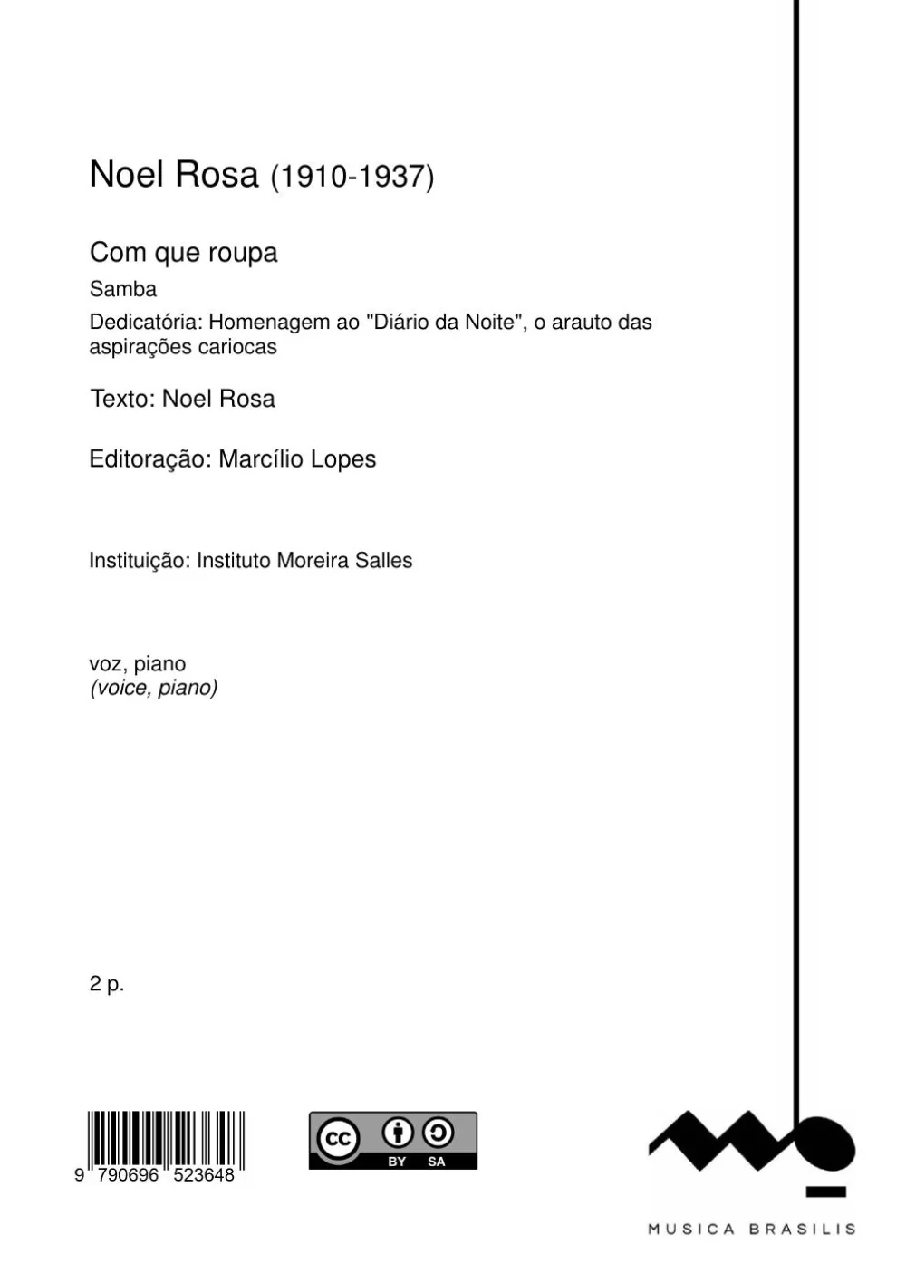 Página de identificação da partitura Com que roupa, de Noel Rosa.