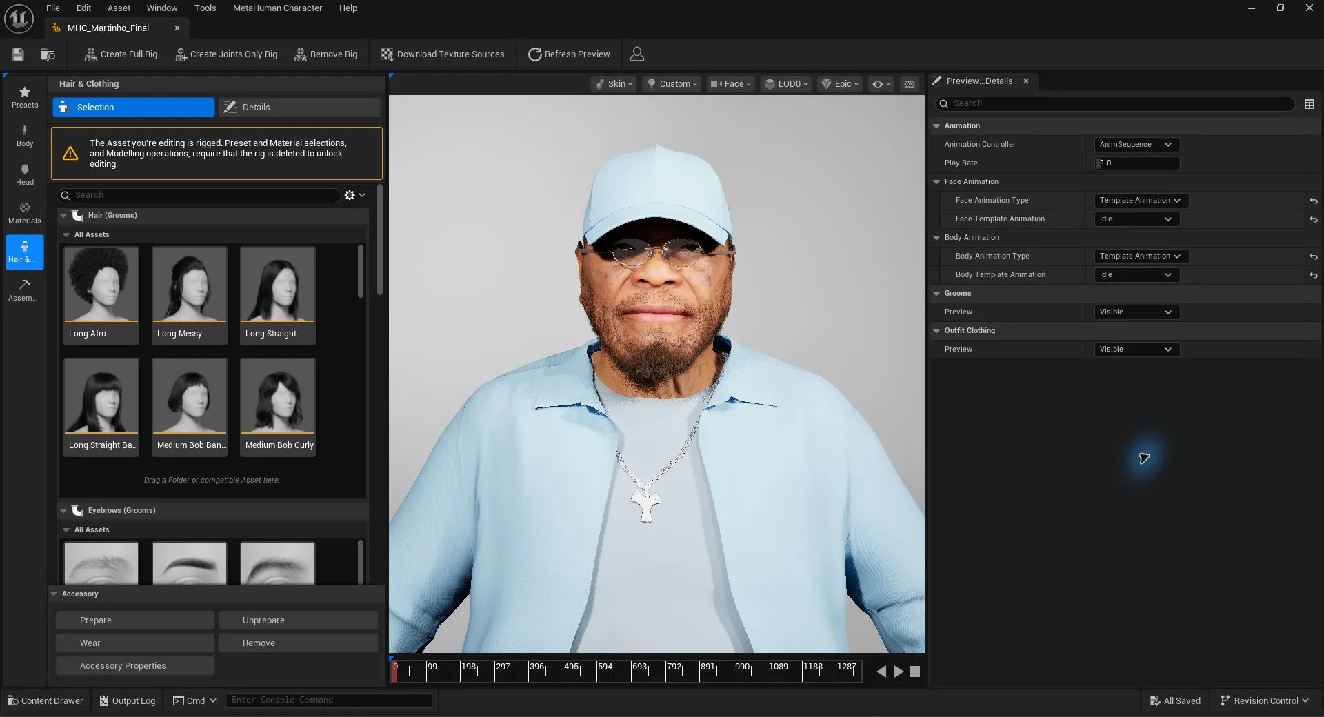 Martinho da Vila no MetaHuman Character Editor do Unreal Engine.